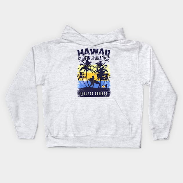 Hawaii surfing paradise endless summer ,Surfing Hawaii  Vacation Palm Trees Tropical Kids Hoodie by bakmed